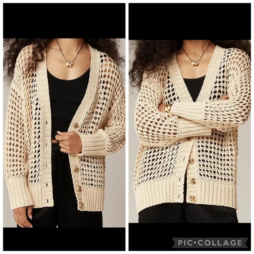 J. CREW Montauk relaxed Cardigan Open Knit Sweater Size 2XL Beige Academia Beach